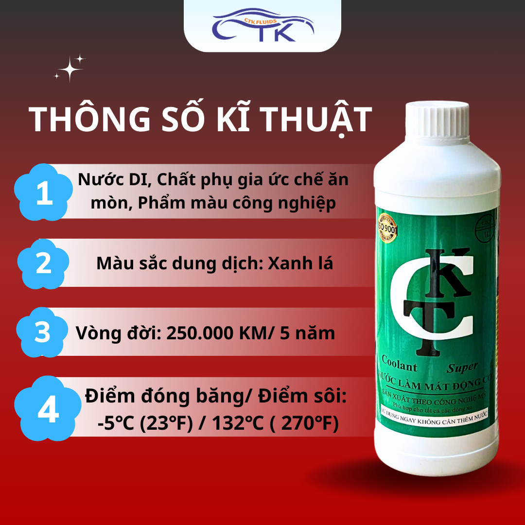 Nước Làm Mát Động Cơ Ô Tô Classic/ Prenium/ Super Coolant CTK Chính Hãng, Dung Tích 1L, Bảo Vệ Động Cơ Lâu Dài