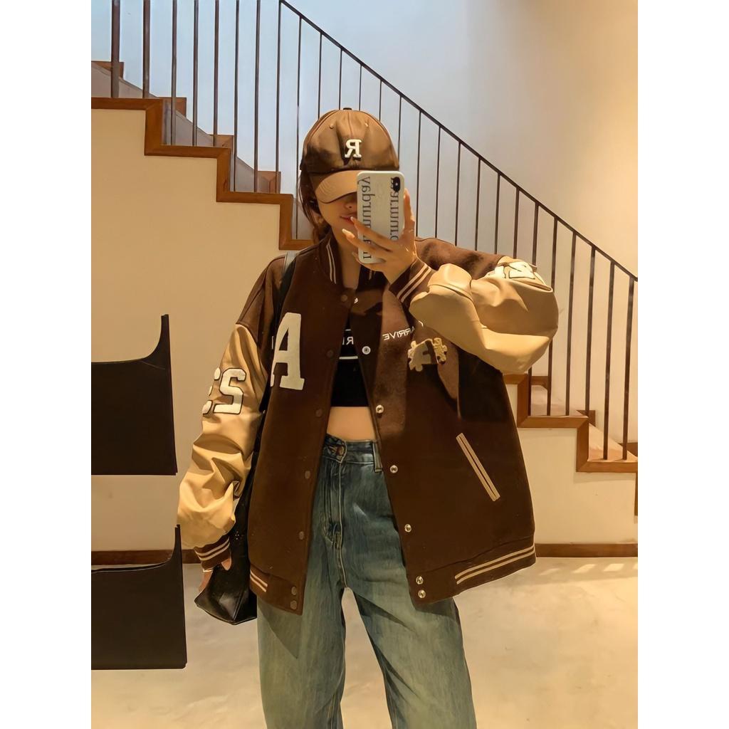 Áo Bomber Nỉ Unisex Màu Nâu A23 Tay Bo Phối Màu