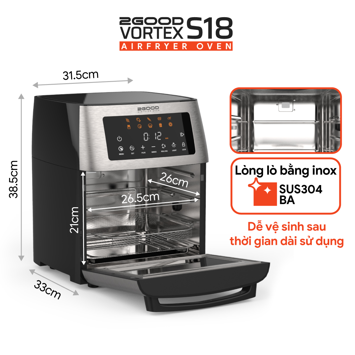 Lò Nướng Không Khí 2GOOD Vortex S-18 Air Fryer Oven (15 Lít) - Hàng Chính Hãng