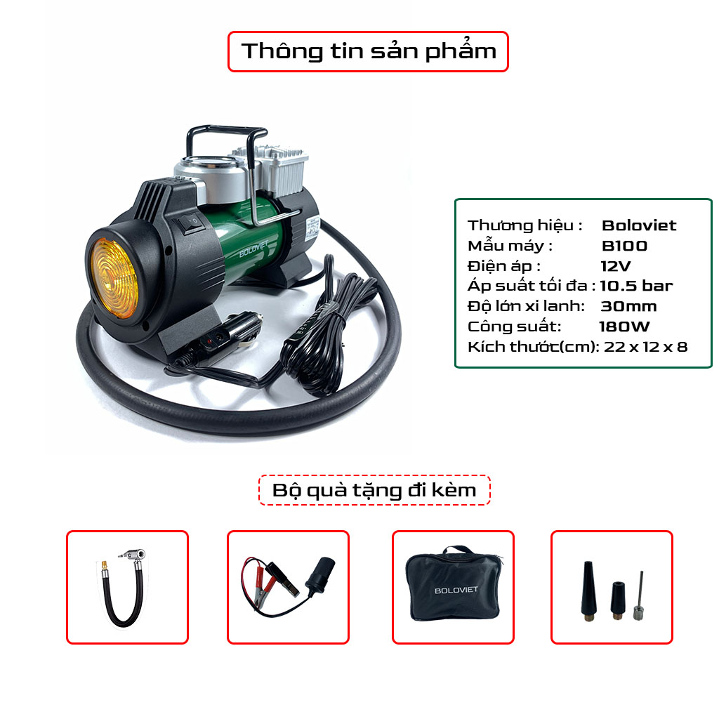 Máy bơm lốp mini Boloviet B100, Bơm lốp ô tô, xe máy, xe đạp sử dụng điện 12v - Bảo hành 12 tháng