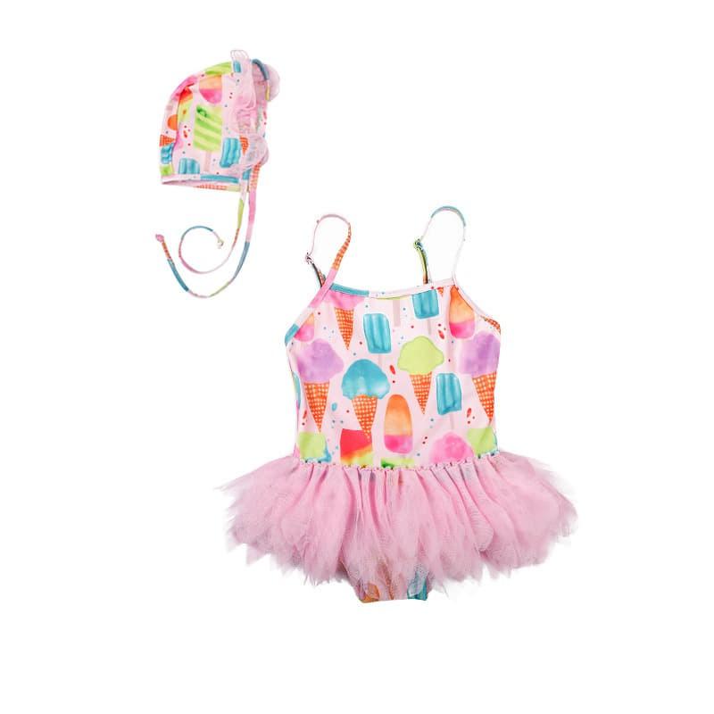 Bikini,bộ bơi bé gái liền thân phối ren kèm mũ xinh xắn