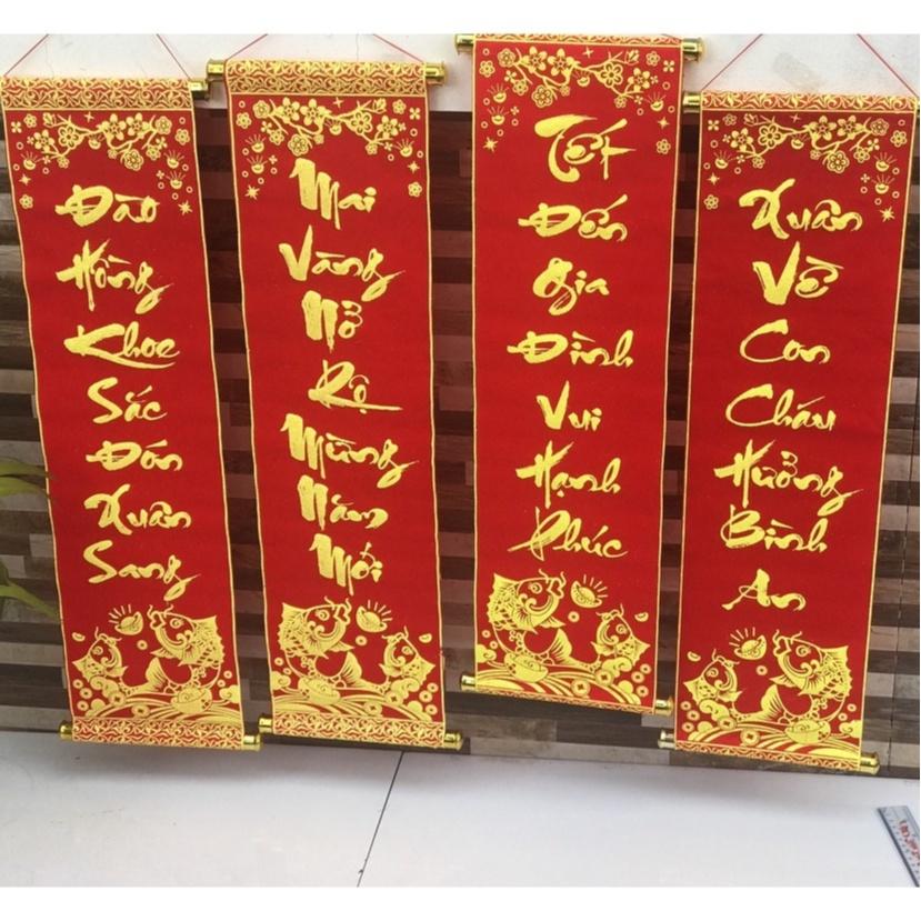 1 đôi câu đối đỏ( NHỎ), liễng trang trí tết in chữ Việt Nam làm từ vải nhung đẹp (20*70cm)