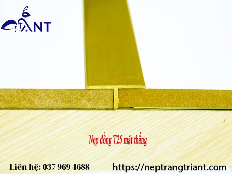 Nẹp đồng T25 mặt thẳng, nẹp t đồng trang trí, thanh dài 4m, giá tính theo mét