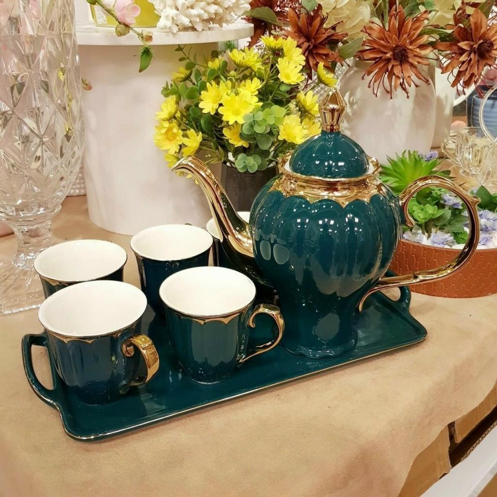 Bộ Bình Cốc Sứ Xanh Cổ Vịt Cao Cấp