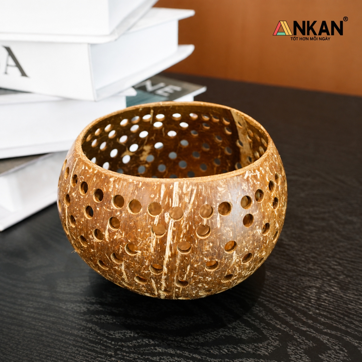 Đèn Nến Gáo Dừa Tealight ANKAN Kiểu Caro Handmade Vintage – Decor Trang Trí, Ánh Sáng Thư Giãn