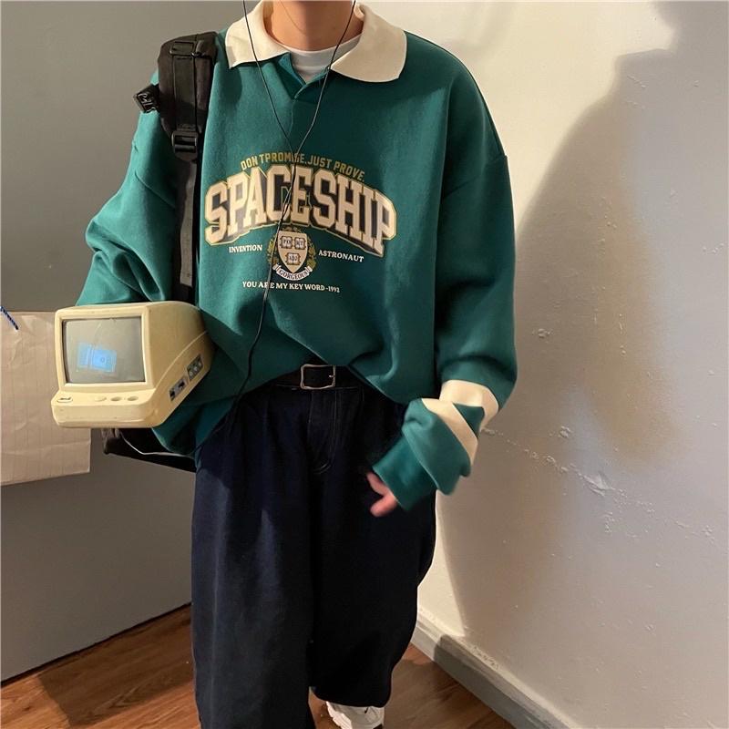 Áo Sweater Polo Nỉ Bông Unisex SPACESHIP màu XANH form rộng ️ Chất nỉ form nam nữ unisex/Áo tay dài có cổ Jaystoree