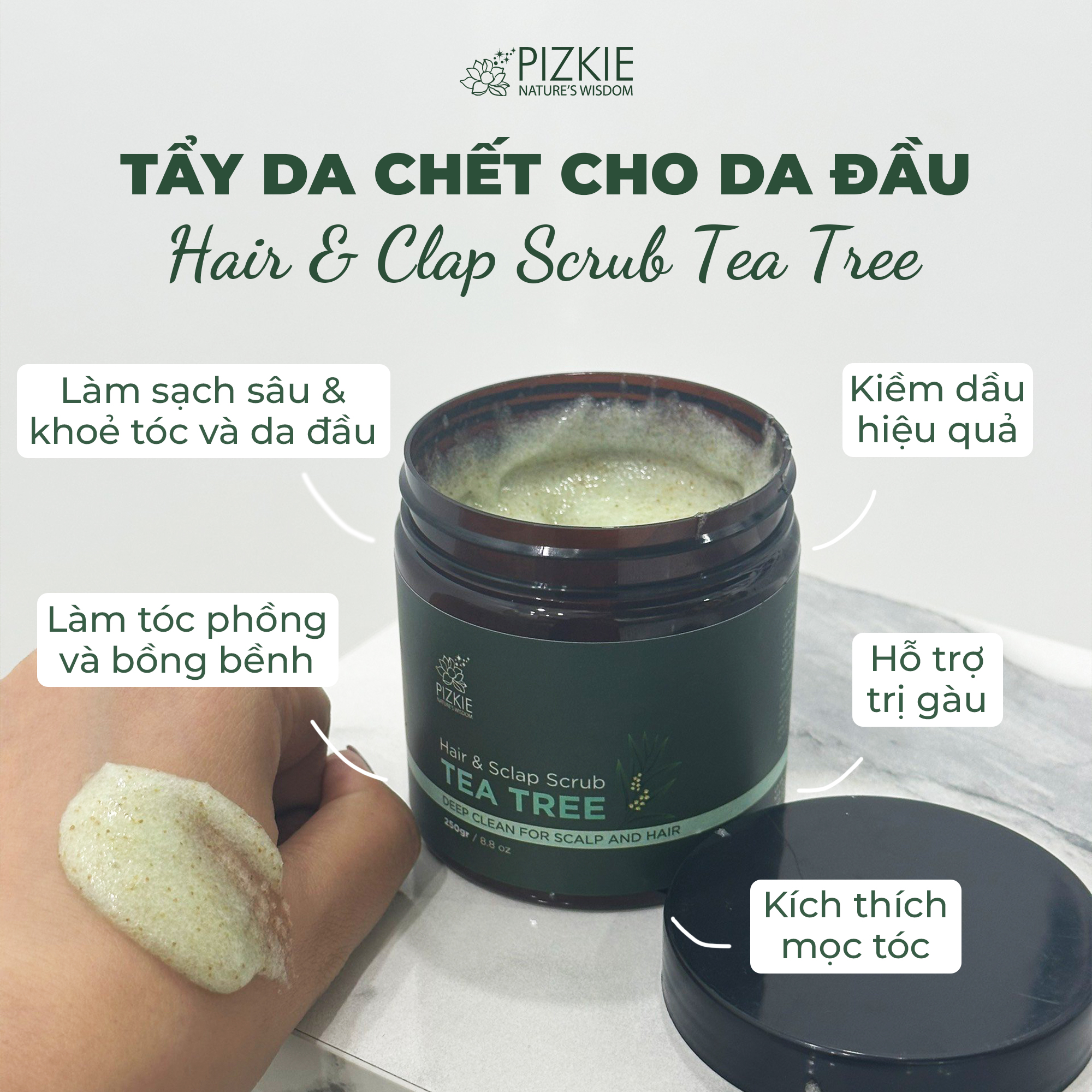 Muối tẩy tế bào chết da đầu tràm trà Pizkie 250gr lâu bết sạch gàu, sạch nhờ da đầu, hỗ trợ mọc tóc