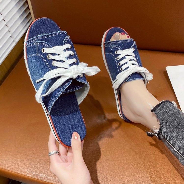 Dép Vải Canvas Đế Bằng Mũi Tròn Phối Dây Thắt Sành Điệu Cho Nữ