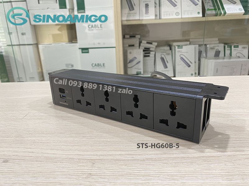 Sinoamigo STS-HG60B-5: Hộp ổ cắm Âm Bàn Hiện Đại Với Thiết Kế Lắp Âm Dưới Bàn - Tích hợp 4 ổ cắm đa năng, 1 cổng sạc USb type C (PD) và 1 cổng sạc USB type A (QC-3.0) - Hàng chính hãng