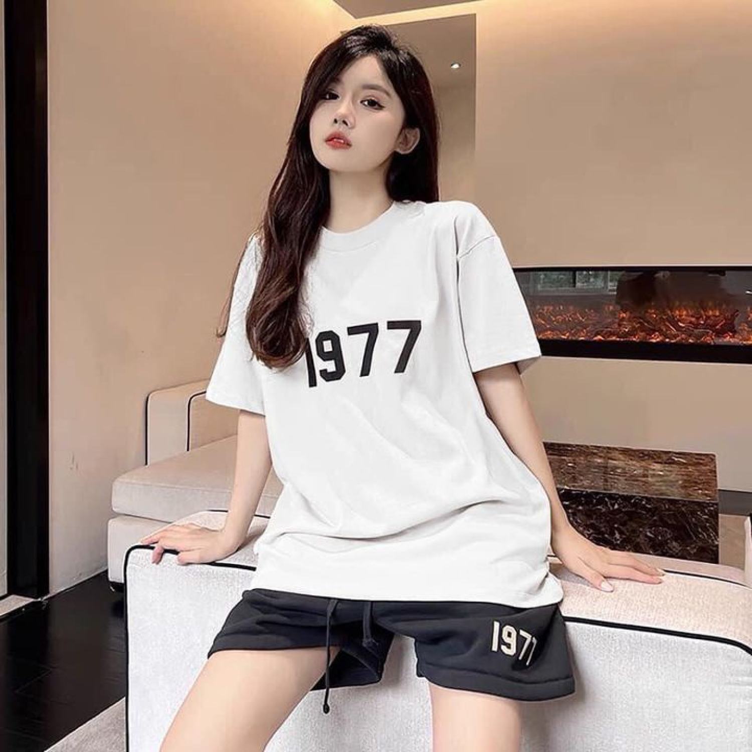 Bộ Quần Áo Nam Nữ Unisex In Hình 1977 Cổ Tròn Tay Lỡ Form Rộng Phong Cách Trẻ Trung Cá Tính Năng Động