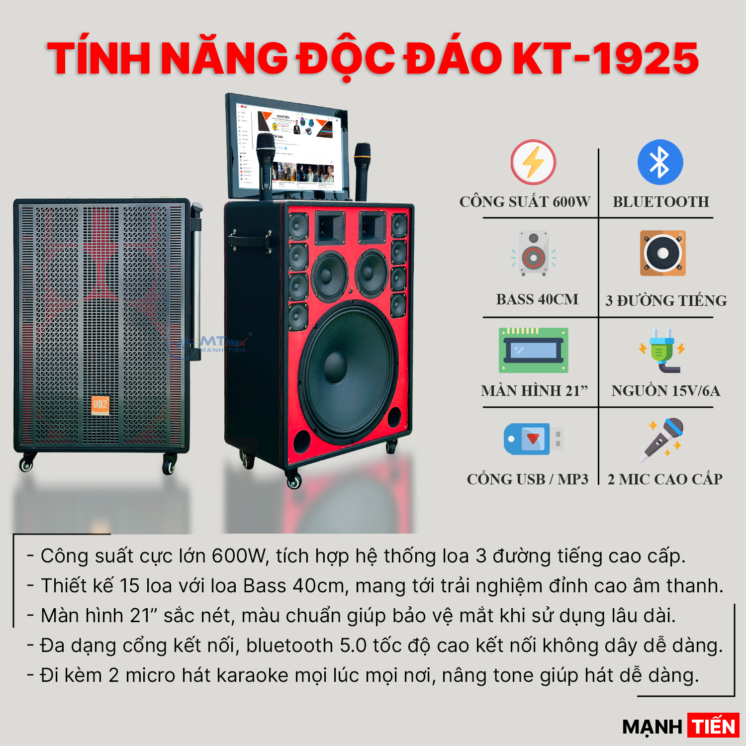 Loa Karaoke Màn Hình KT-1925 - Loa Bluetooth Kèm Micro Cao Cấp 2024, Màn Hình 21inch Sắc Nét, Bass Trầm 40cm Và 14 Loa Tích Hợp, Âm Thanh Siêu Hay, hàng chính hãng