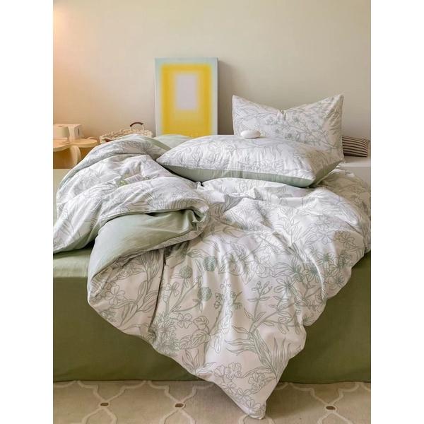 Bộ Chăn Ga Gối Cotton Living Hàng Nhập Khẩu Cao Cấp 4 Món Hoa Xinh Xanh Mát