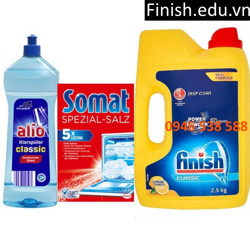 Combo Bột rửa bát finish 2.5kg + muối Somat 1.2kg + Nước làm bóng alio 1 lít dùng cho máy rửa bát