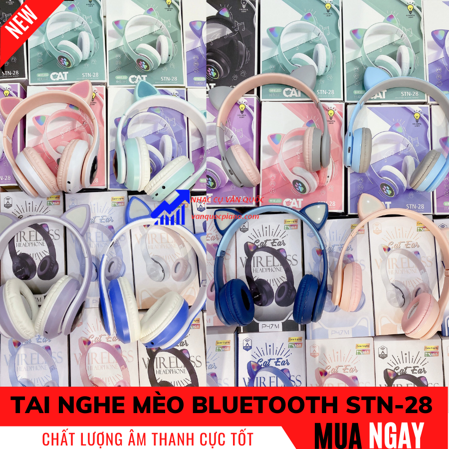 Tai Nghe Chụp Tai Bluetooth STN28 Không Dây Tai Mèo Đáng Yêu Có Đèn LED