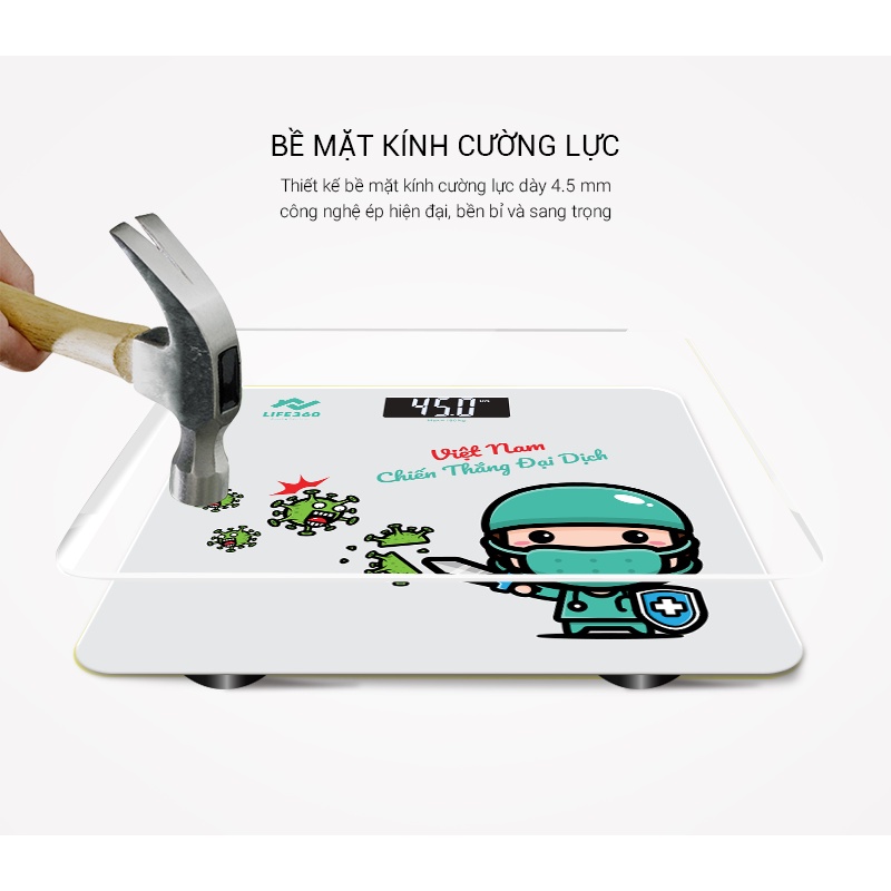 Cân điện tử sức khỏe LIFE360, cân điện tử thông minh, mặt kính cường lực, tải trọng tới 180kg - Hàng chính hãng
