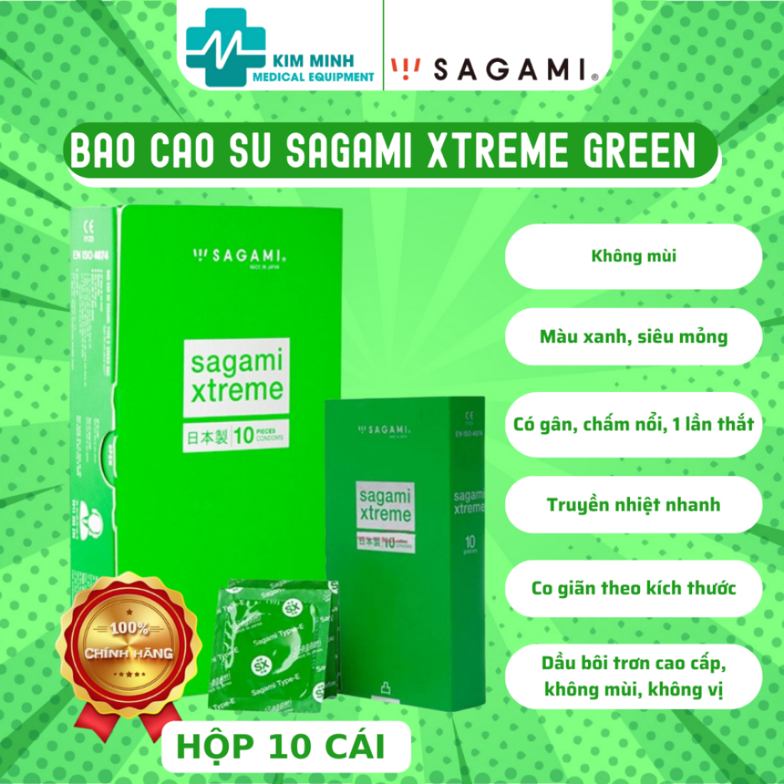 Bao cao su Sagami Xtreme type E green hộp 10 chiếc