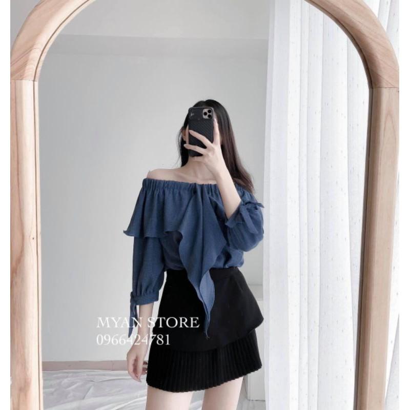 SET ÁO TRỄ VAI CỔ BÈO MIX CHÂN VÁY RẬP LI NHSET02