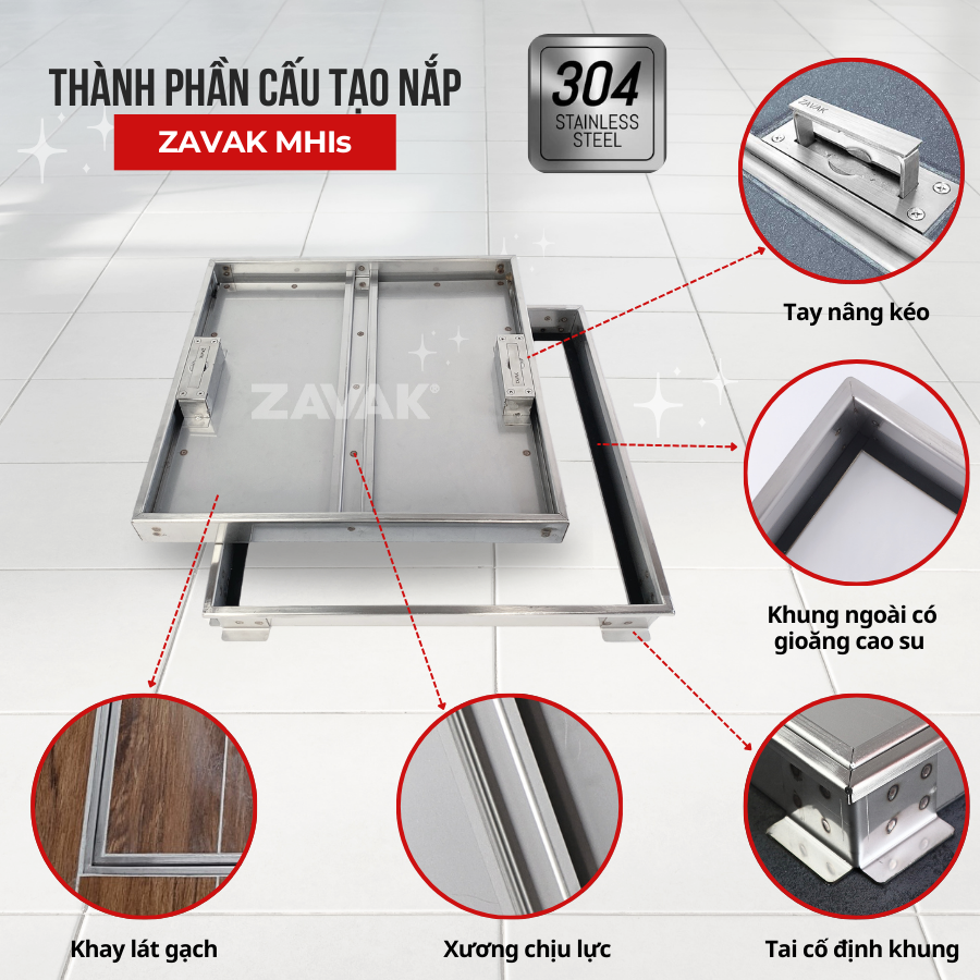 Nắp Bể Ngầm Trong Nhà 50x50cm Inox 304 ZAVAK MHIs-50 Nắp bể nước âm sàn, Nắp hố ga Inox 304