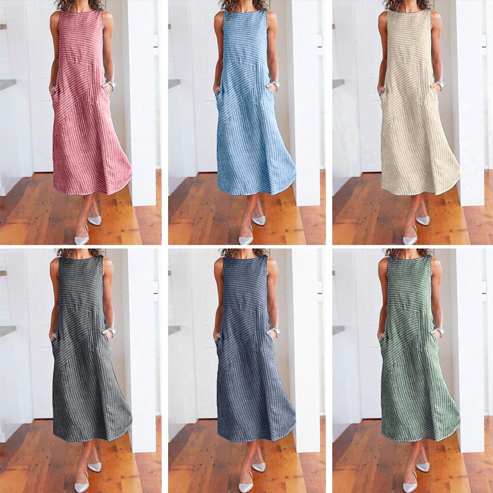 Women Plus Size Dress Linen Retro Print O Neck Sleeveless Side Pockets Summer Casual Maxi Party Beach Dress