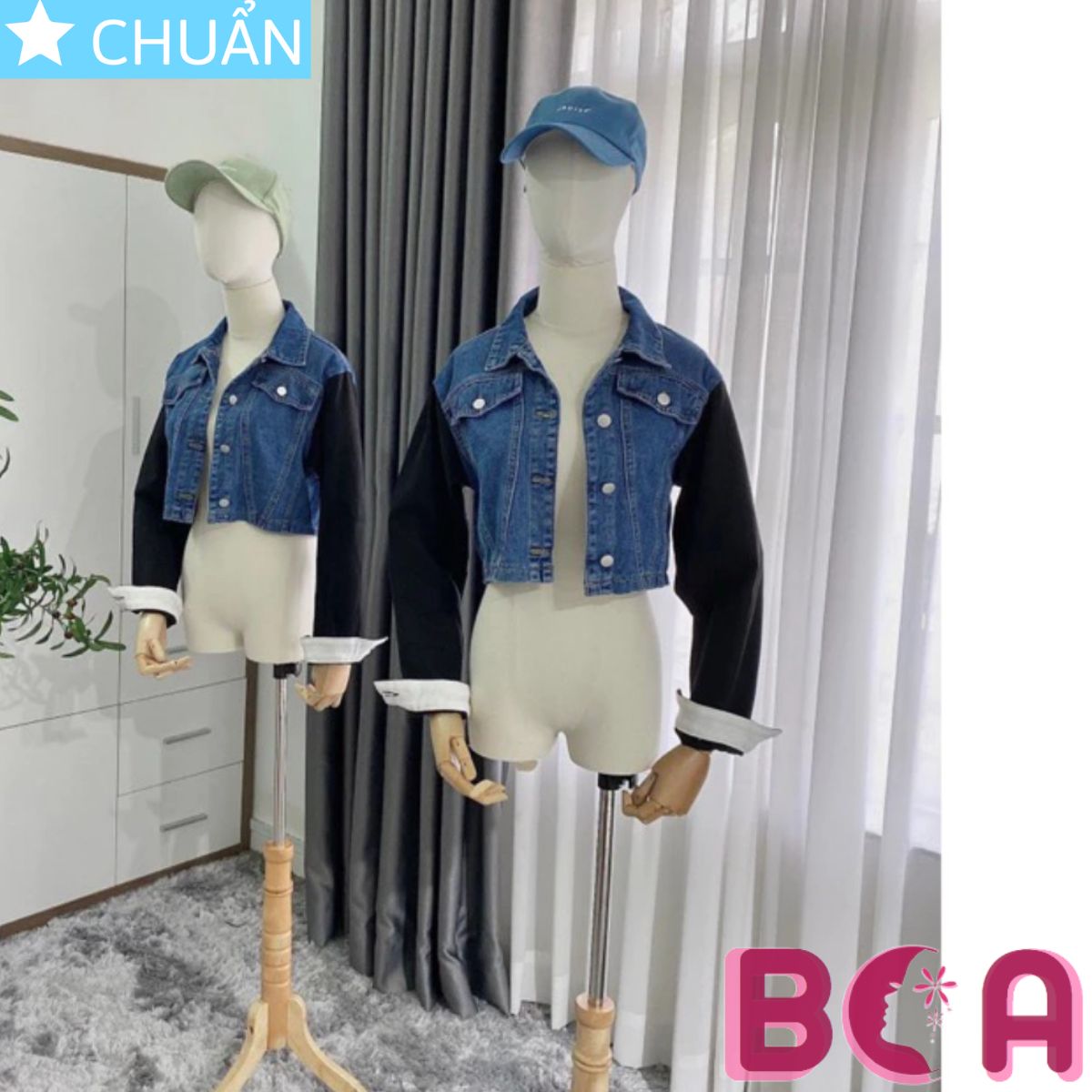 Áo khoác Jeans nữ K38 ROSATA thời trang cá tính với tay phối màu đen, kết hợp lai tay trắng có thể thay đổi phong cách