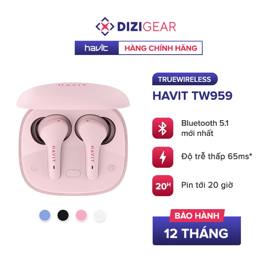 Tai Nghe Tws Havit Tw959, Bluetooth 5.1, Độ Trễ Tới 65Ms, Nghe Độc Lập, Pin Tới 20H - Hàng Chính Hãng Dizigear - Hồng