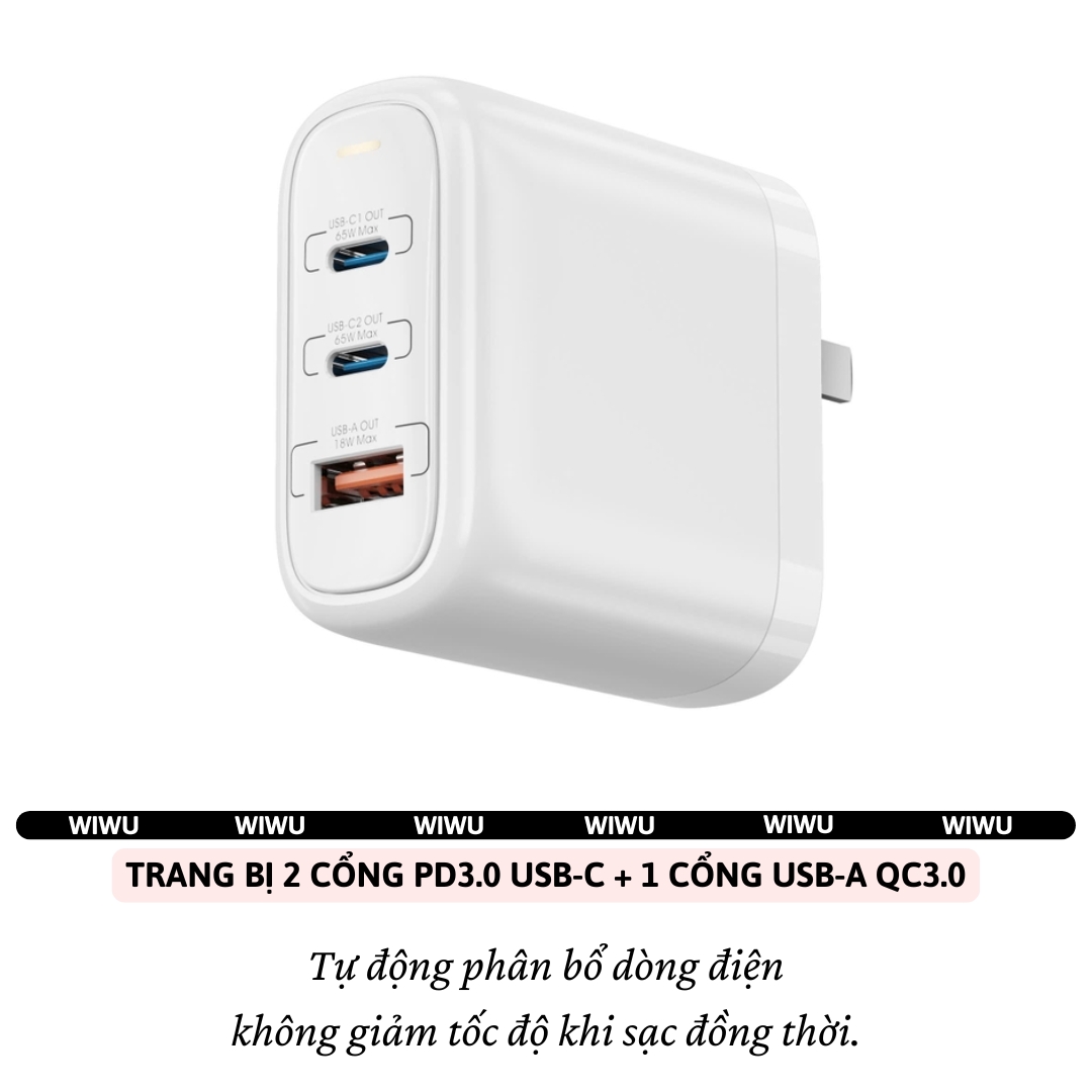 Adapter cóc củ sạc nhanh 65W 2 PD 3.0 USB C + USB-A QC3.0 hiệu WIWU ARK - PPS chống cháy, Chip AI điều chỉnh dòng sạc  cho iPhone iPad Oppo Samsung cho Macbook, Laptop - Hàng nhập khẩu