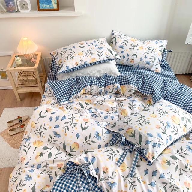 Set Chăn Ga Gối Cotton Dây Nơ Hàn Quốc Hàng Nhập Khẩu Cao Cấp 4 Món Hoa Xanh