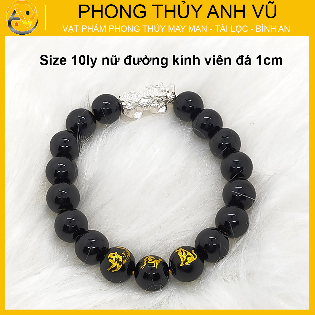 Vòng tay tỳ hưu tam hợp dần ngọ tuất chất liệu mã não đen - size 8 10 12ly cho người mệnh mộc, mệnh thủy - có khai quang điểm nhãn may mắn tài lộc - bảo hành 12 tháng - PHONG THỦY ANH VŨ