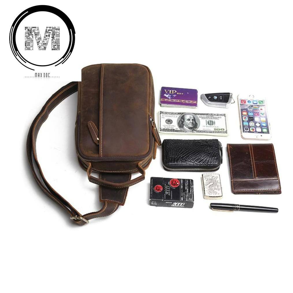 Cặp Sling Bag Quai Đeo Lưng, Đeo Ngực Chất Liệu Da Bò Thật Nguyên Tấm, Loại Da Sáp Mã C17 - Max Độc