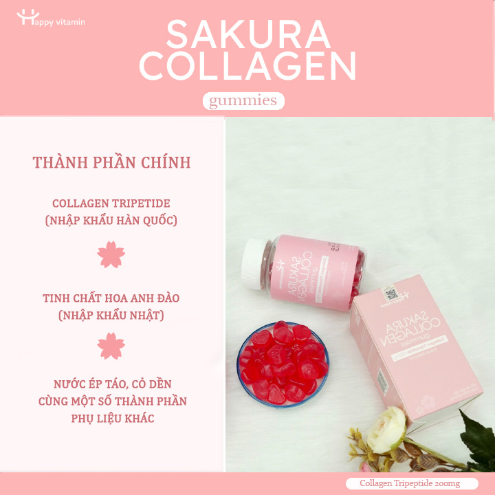 Hình ảnh Kẹo dẻo hỗ trợ đẹp da ngăn ngừa lão hóa Happy Vitamin Sakura Collagen gummies giúp bổ sung Collagen Tripeptide 200mg. Hộp 60 viên
