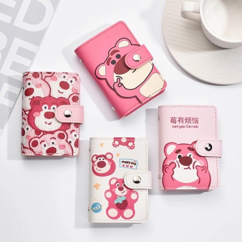 Ví gấu dâu nhiều ngăn đựng thẻ, card, CMND đa năng có khoá bấm - Ví ngắn gấu losto hồng cute