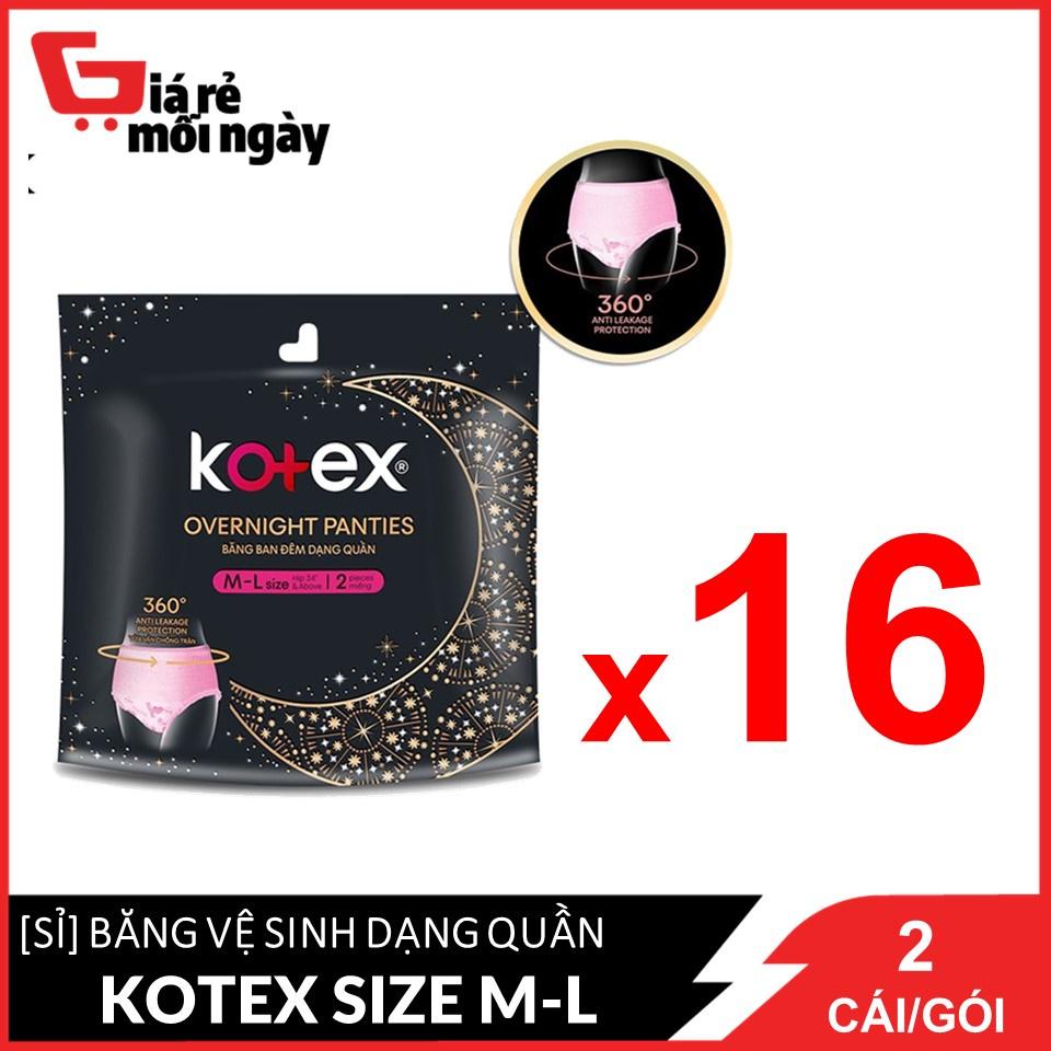 Nguyên thùng Băng vệ sinh Kotex Đêm dạng quần vừa vặn chống tràn 360 size ML (2 miếng/gói)X16