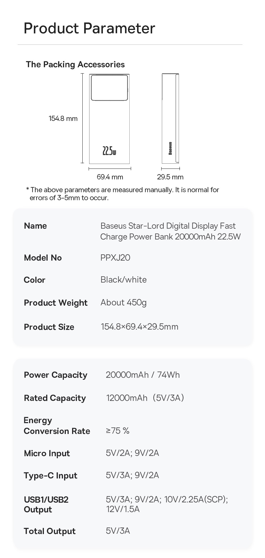 Pin sạc dự phòng Baseus Star-Lord Digital Display 20000mAh 22.5W (USB*2+Type C, LED Display,2 Way Fas Charge) - Hàng chính hãng