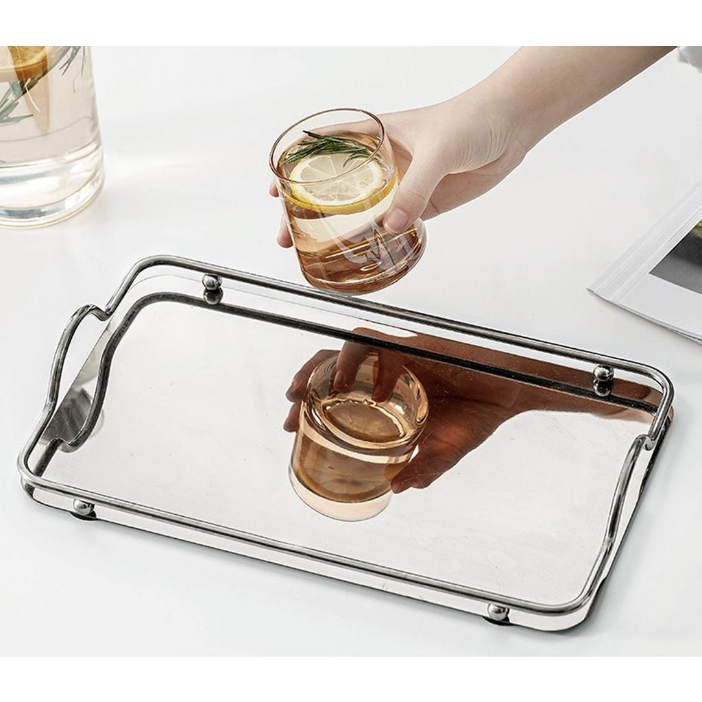 Khay kệ đựng ấm chén cốc tách ly bình nước bằng inox mạ vàng đẹp cao cấp chữ nhật 34x20cm