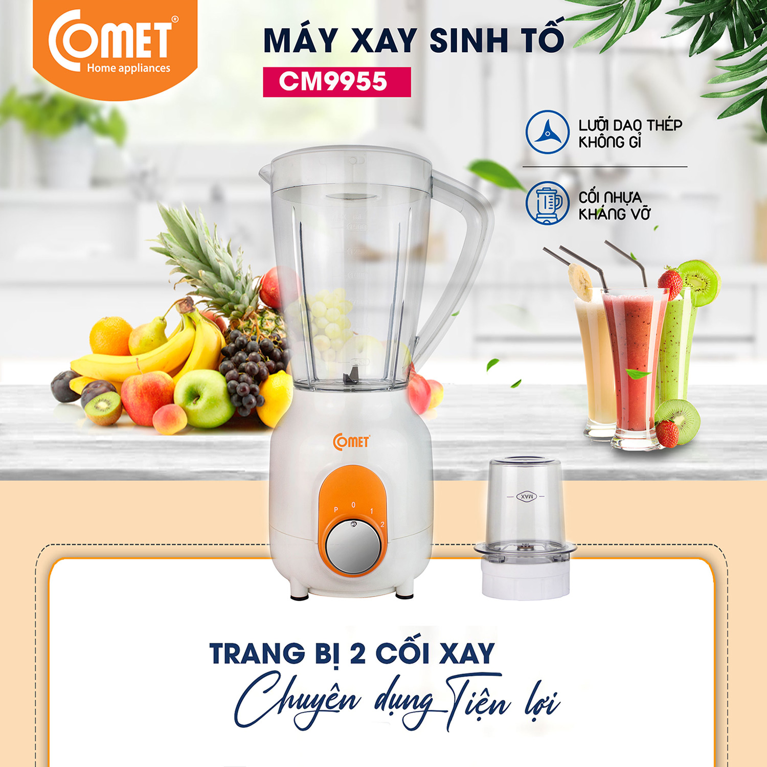 Máy xay sinh tố cối nhựa kháng vỡ 450W COMET - CM9955 - Hàng Chính Hãng