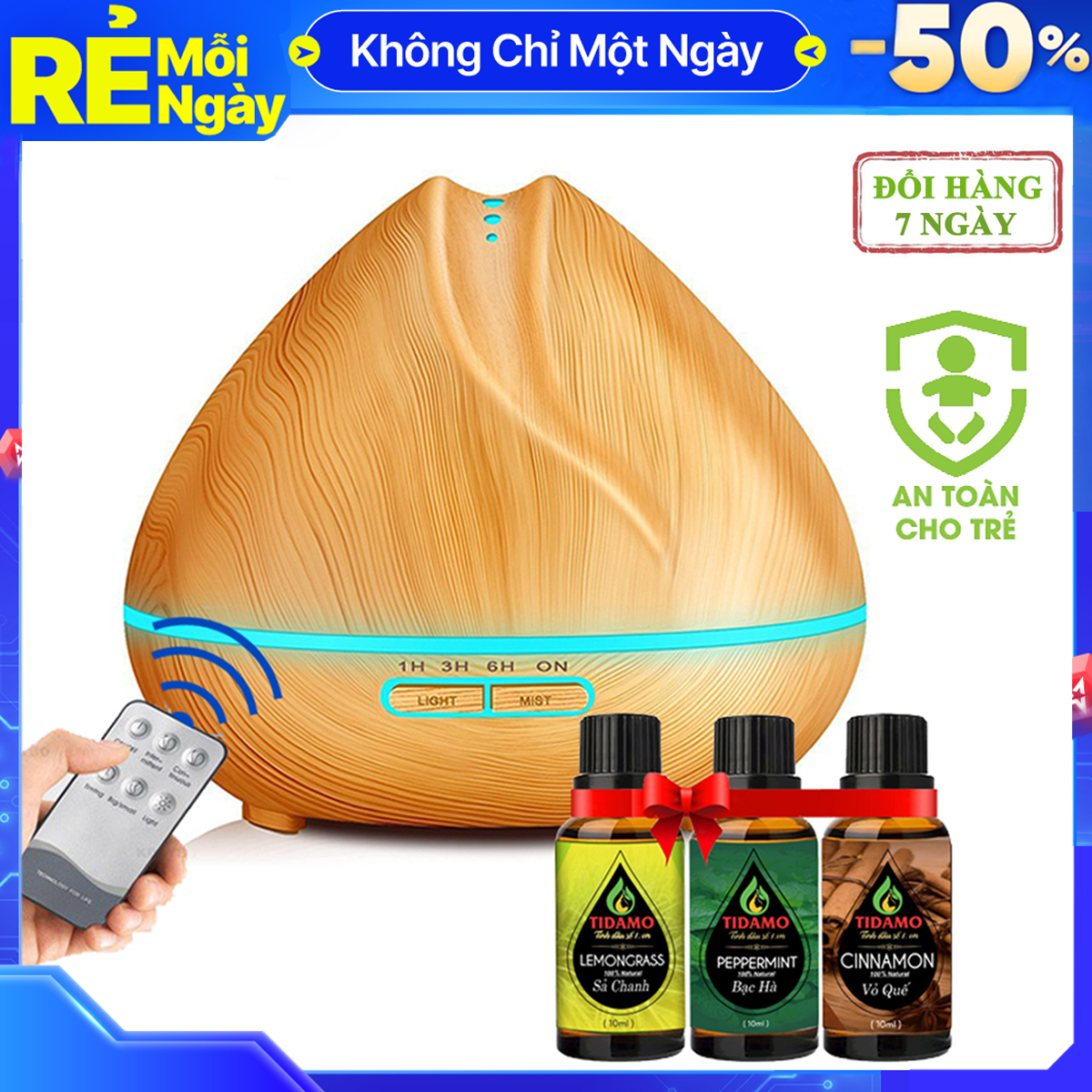 Máy Khuếch Tán Tinh Dầu Cao Cấp Chính Hãng Tặng 3 Chai Tinh Dầu Sả Chanh + Bạc Hà + Quế. Máy Xông Tinh Dầu Chuyên Dụng Có Remote Điều Khiển Từ Xa, Đèn LED Trang Trí, Xông Tinh Dầu và Phun Sương Tạo Ẩm