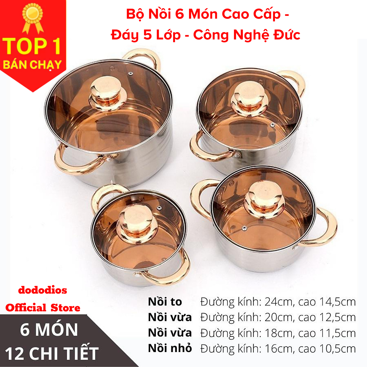 Hình ảnh Bộ Nồi Đức 6 món 12 chi tiết đáy 5 lớp cao cấp - Chính hãng dododios, Bộ nồi Đức dododios 6 món 12 chi tiết dùng cho mọi loại bếp, bộ nồi inox dày dặn tráng men vàng kèm nắp kính