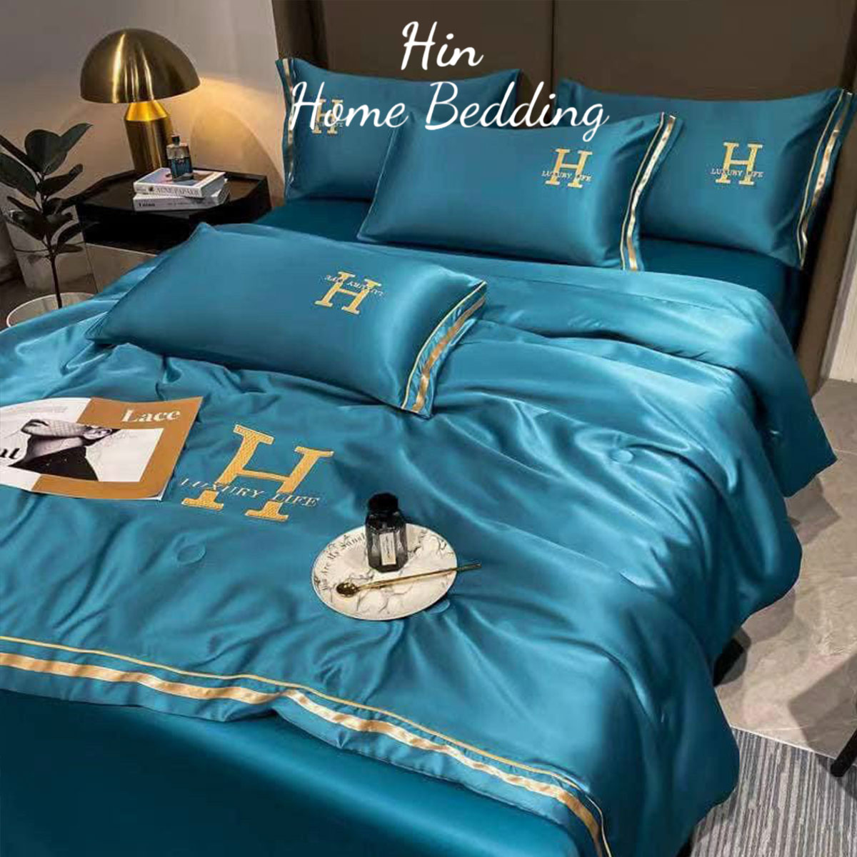 Bộ Chăn Ga Gối Đệm 5 Món Chăn Phao Lụa Thái Hin Home Bedding Drap Giường Lụa Mẫu Xanh Biển