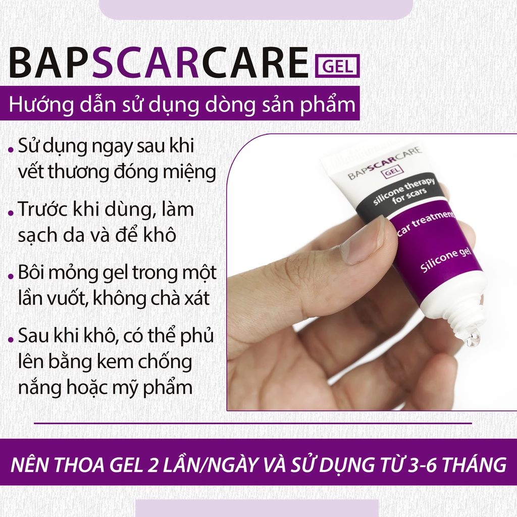 Gel Silicone Bapscarcare trị sẹo lồi, sẹo phì đại, sẹo mổ sau khi phẫu thuật, Gel Bapscarcare làm phẳng, làm mềm và mờ sẹo lâu năm hiệu quả (Tuýp 7g)