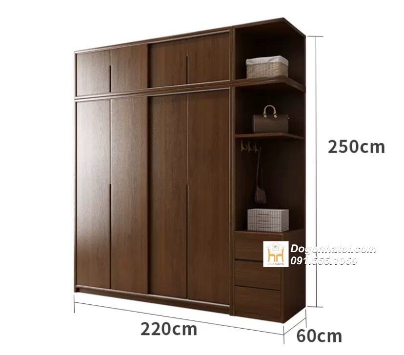 Tủ quần áo của lùa 3 cánh gỗ sồi màu óc chó 2m x 2m - TA230