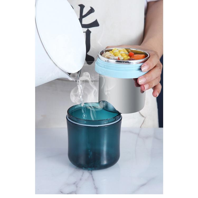 Hộp Ủ Cháo nhựa PP gập muỗng cao cấp lòng trong inox 500ml C5 Kèm thìa tặng bọc căn cước