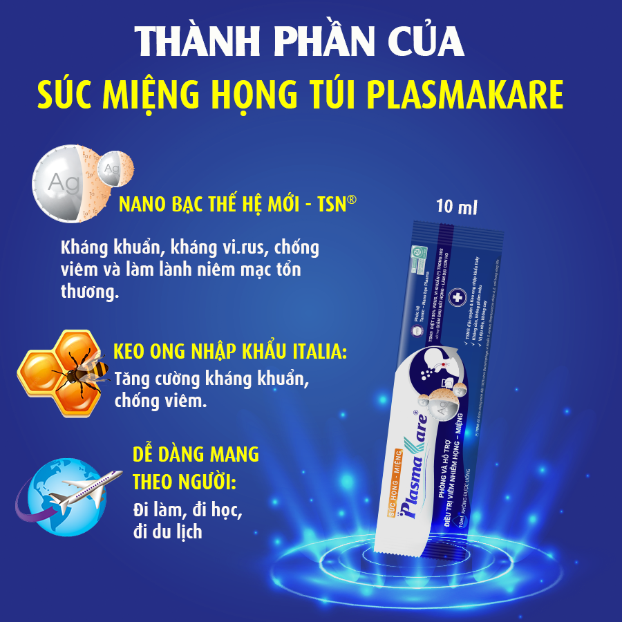 Nước Súc Miệng Nano Bạc Plasmakare Diệt Khuẩn 99%, Dạng Túi 10ml, Cho Hơi Thở Thơm Mát, An Toàn Cho Bà Bầu và Trẻ Em