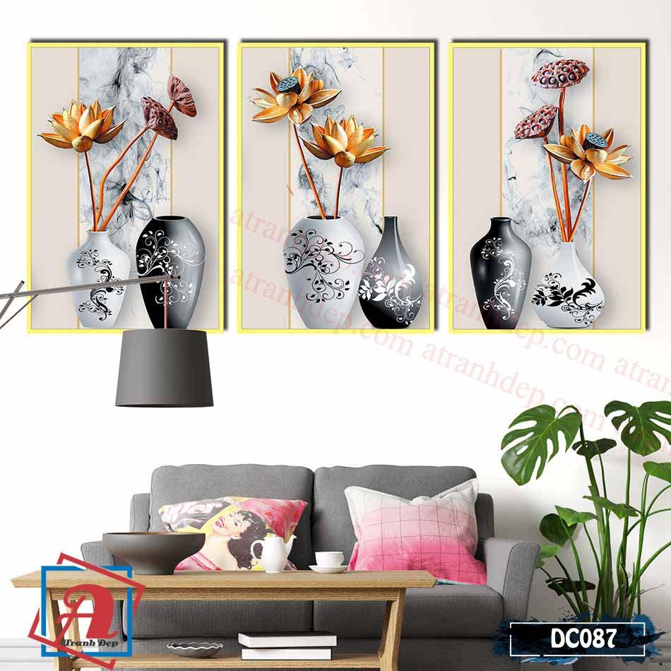 Bộ 3 tranh canvas treo tường Decor Bình hoa sen – DC087
