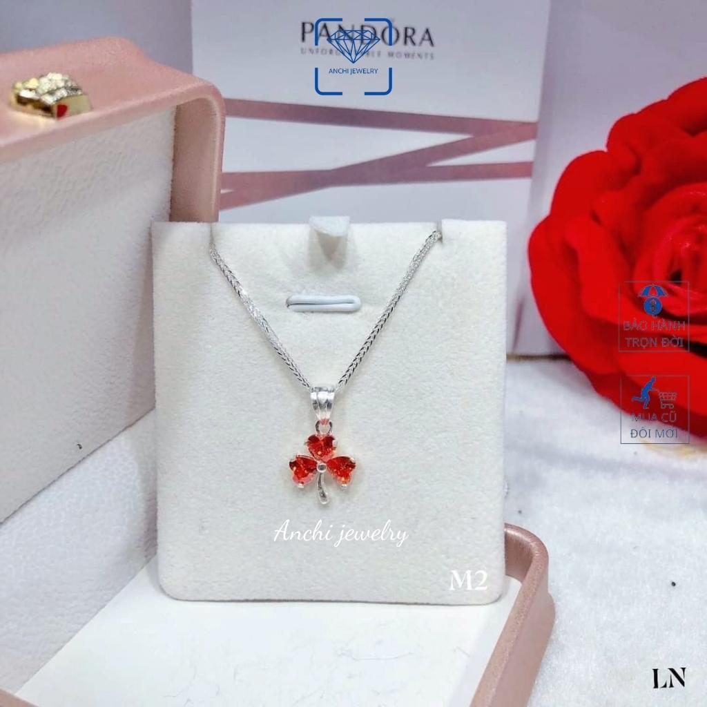 Dây chuyền nữ cỏ 3 lá đính đá nữ bạc thật đeo không đen màu đỏ xanh tím trắng - Anchi jewelry , quà 8 3