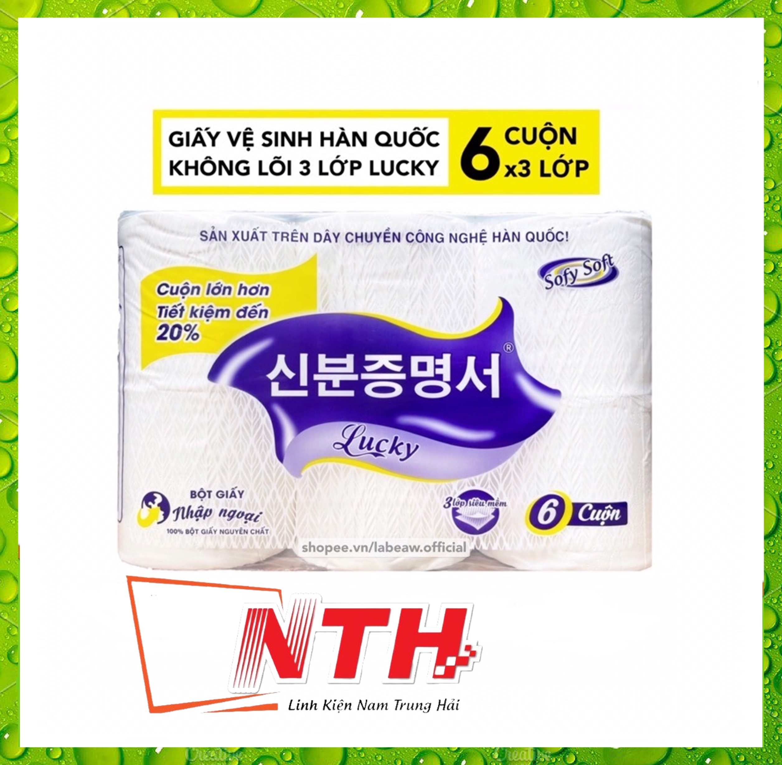 TÚI 6 CUỘN GIẤY LUCKY HÀN QUỐC SIÊU MỊN - KHÔNG LÕI