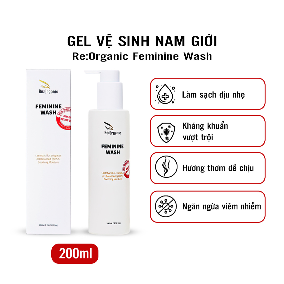 Dung dịch vệ sinh phụ khoa dành cho Nam giới Re:Organic Feminine Wash 200ml, gel vệ sinh làm sạch khử mùi và ngăn ngừa viêm nhiễm nấm ngứa