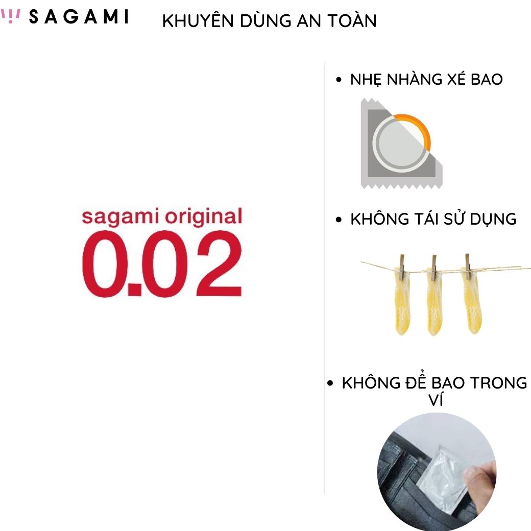 Bao cao su Sagami 002 Original Siêu mỏng Non Latex Hộp 2 chiếc không mùi trong suốt chống tuột kéo dài thời gian