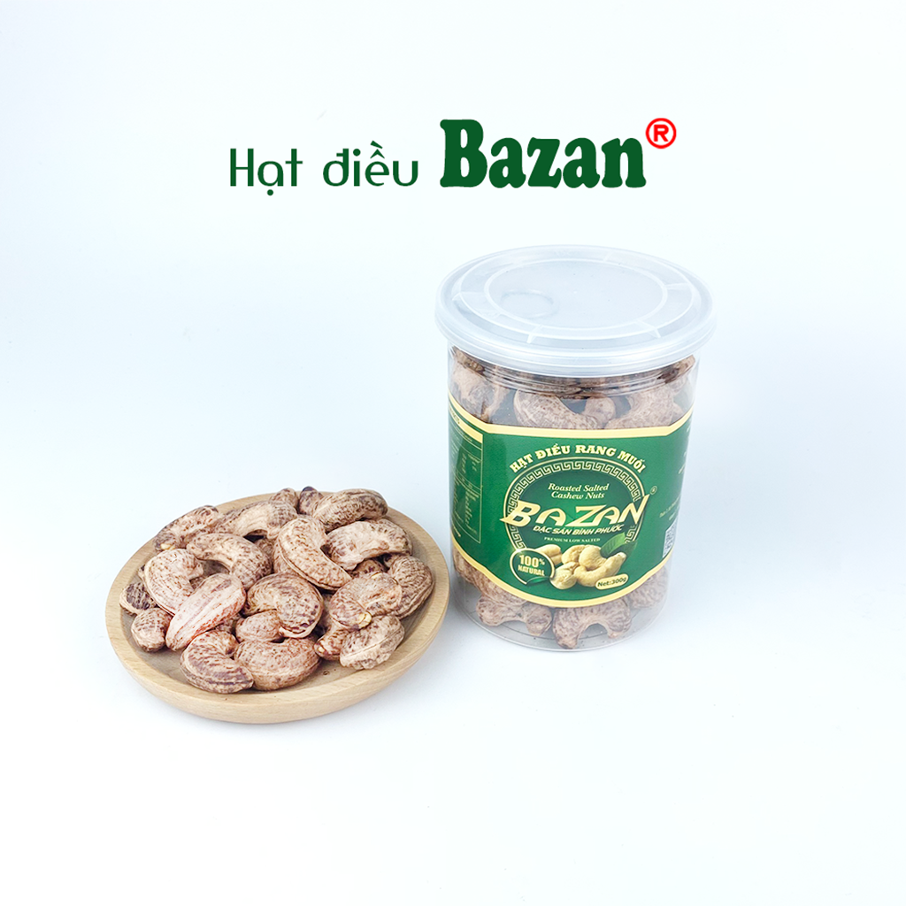 Hạt điều rang muối Bazan Bình Phước nguyên hạt dinh dưỡng A+ loại 1 hộp 300g nắp bật còn vỏ lụa