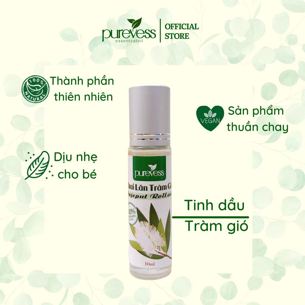 Tinh dầu Tràm Purevess, với thiết kế đầu lăn tiện lợi giúp giảm đau đầu và đuổi muỗi. 10ml