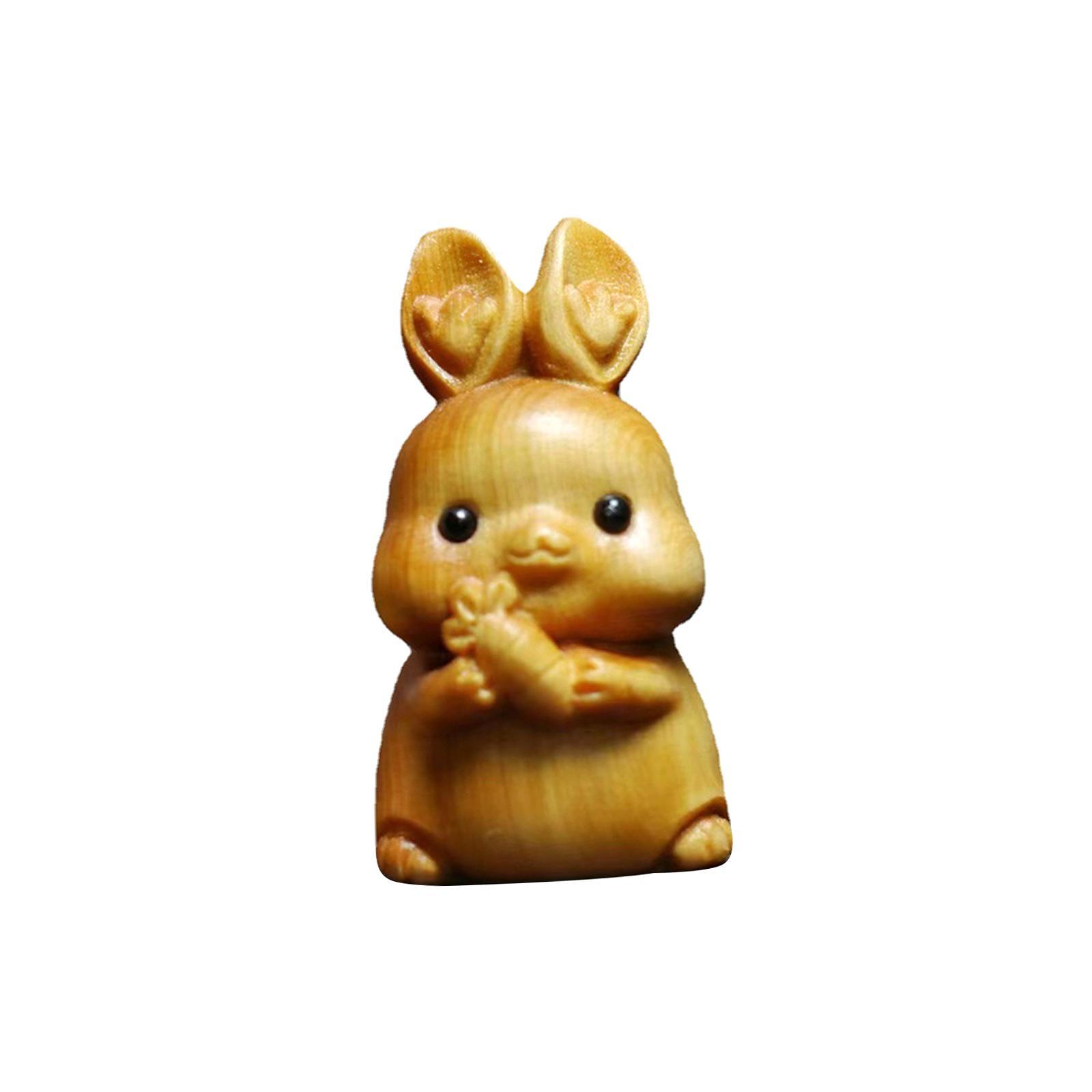 Wood Carving Rabbit Statue Crafts DIY Collectibles Desktop Ornament Miniature Figurine Sculpture for Bookshelf Desktop Living Room